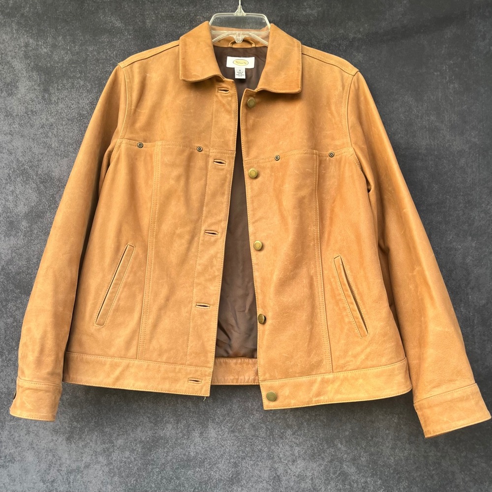 Talbots Womens Tan 100% Leather Patina Vintage Trucker Jacket Medium Camel Honey